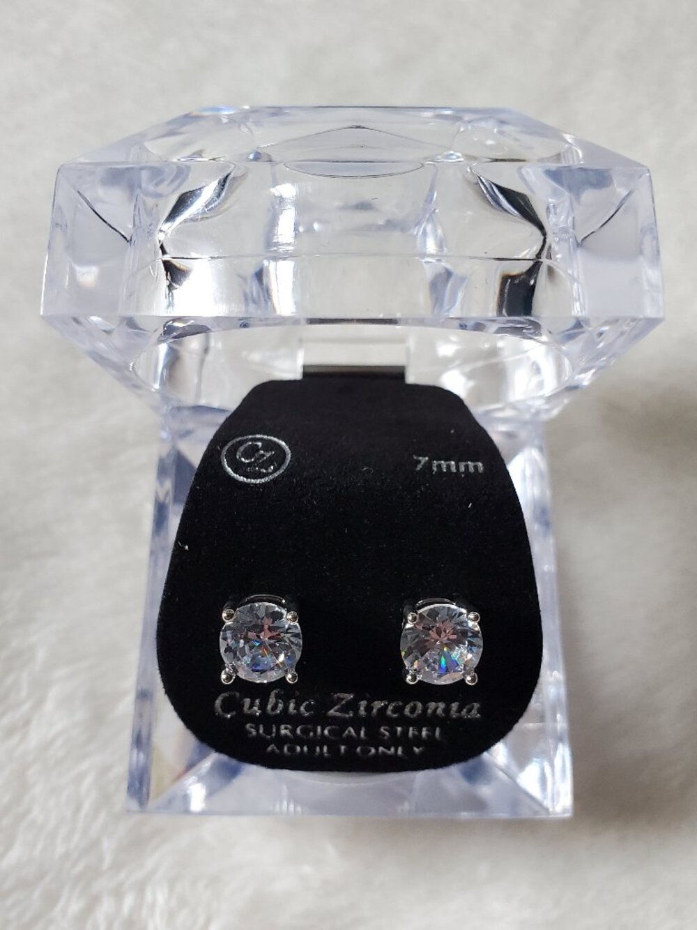7mm Solitaire Stud Cubic Zirconia Earrings Surgical Steel Posts New in Gift Box